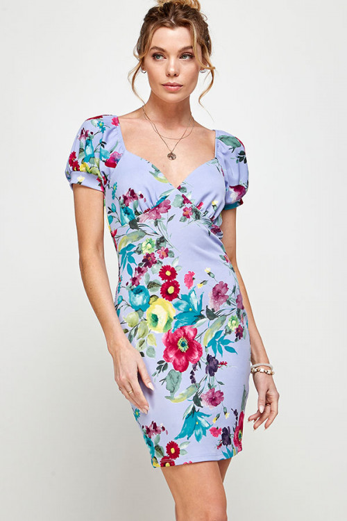 C40-A-1-MD4531-1 LAVENDER FLORAL PRINT SQUARE NECKLINE CUFFED PUFFED SLEEVES DRESS 2-2-2 (NOW $9.75 ONLY!)