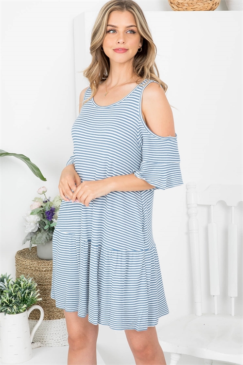 C20-A-3-D1085 BLUE THERMAL STRIPE COLD SHOULDER TIERED KNIT DRESS 2-2-2 (NOW $3.25 ONLY!)