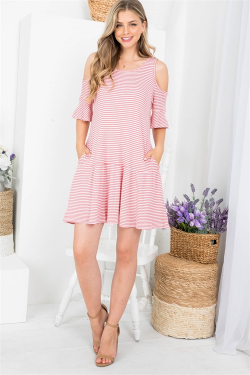 C24-A-1-D1085 RED THERMAL STRIPE COLD SHOULDER TIERED KNIT DRESS 2-2-2 (NOW $3.25 ONLY!)