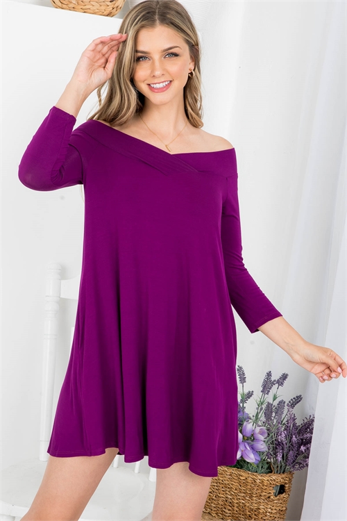 C16-A-3-D7079 PURPLE V-NECKLINE OFF THE SHOULDER POCKET BAMBOO FABRIC DRESS 2-2-2