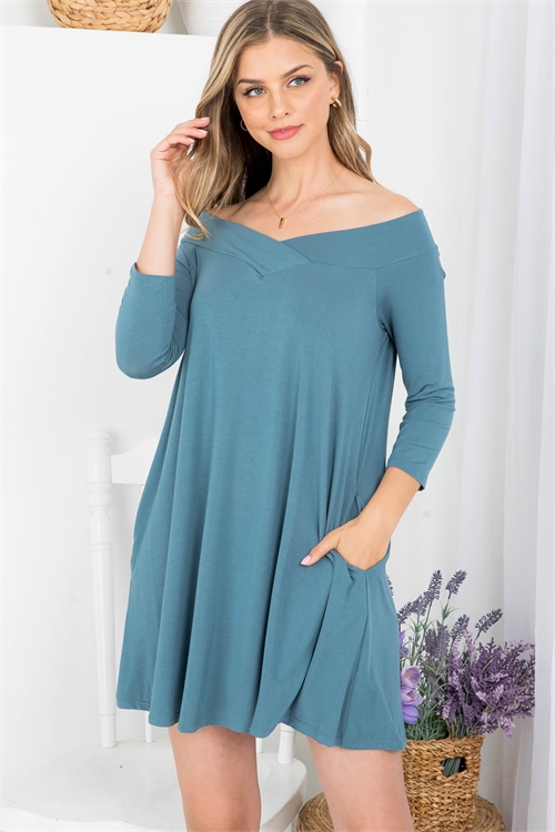 C12-A-2-D7079 SEA BLUE V-NECKLINE OFF THE SHOULDER POCKET BAMBOO FABRIC DRESS 2-2-2