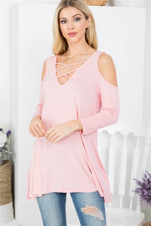 C34-A-1-T7876 PINK KEYHOLE NECKLINE FRONT COLD SHOULDER 3/4 SLEEVES TOP 2-2-2