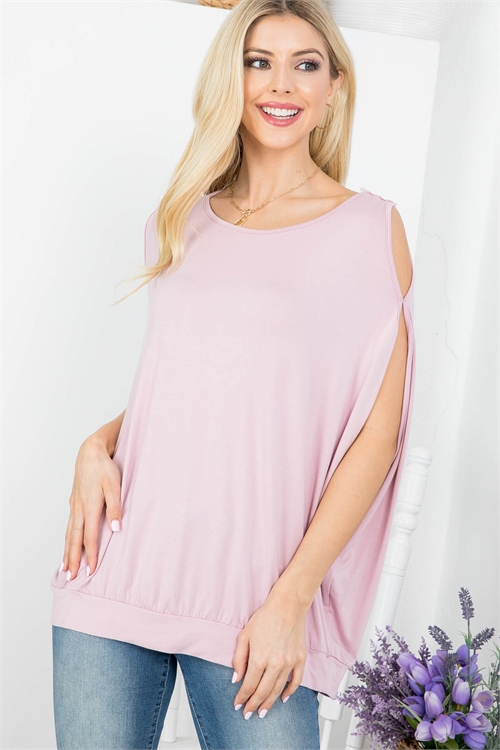 C48-A-2-T3592 MAUVE ROUND NECKLINE COLD SHOULDER CROCHET BACK DETAIL TOP 2-2-2