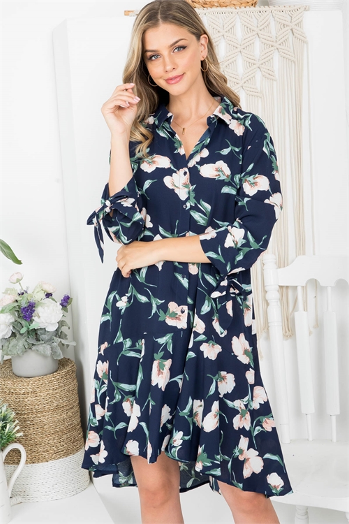 S13-10-3-D41370 NAVY BUBBLE CREPE FLORAL TEE SLEEVE BUTTON DOWN RUFFLE HEM DRESS 2-2-2