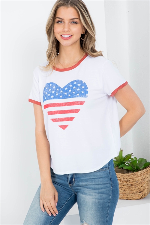 S8-7-4-T701 HEART AMERICAN FLAG PRINT ROUND NECKLINE ROUND HEM LINE BLOUSE TOP 2-2-2