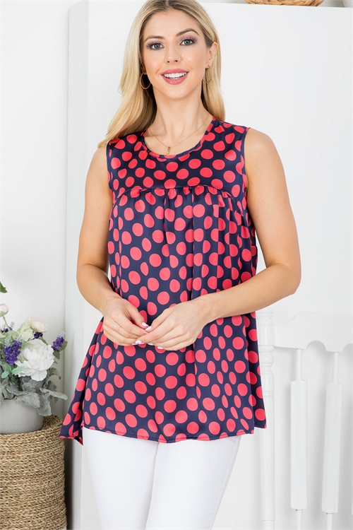 C4-A-1-T1702177 NAVY CORAL WITH DOTS SCOOPED NECKLINE RUFFLE SLEEVELESS TOP 2-2-2