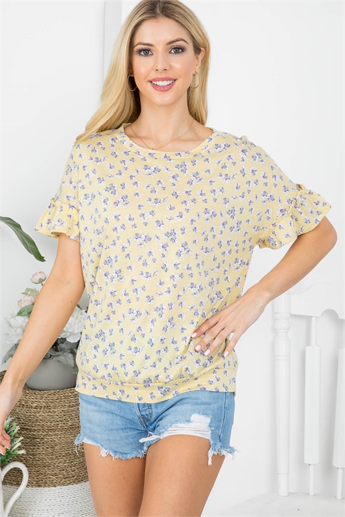 C10-A-3-T197154 YELLOW WITH FLOWER PRINT ROUND NECLINE RUFFLE SLEEVE CUFFED HEM TOP 2-2-2