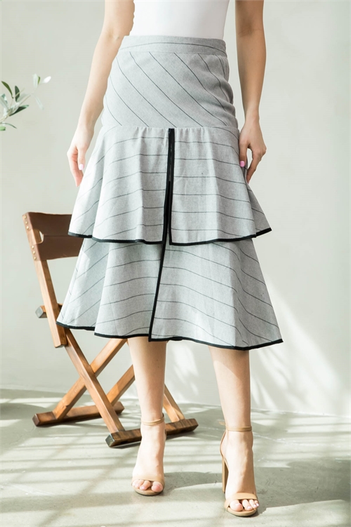 S15-9-2-S8022 GRAY STRIPES BOW-TIE BACK WAISTLINE MULTI LAYER RUFFLE SKIRT 2-2-2