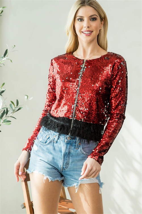 S15-6-3-J1611 RED WITH SEQUINS FRONT ZIPPER CLOSURE FRINGE HEM JACKET 2-2-2