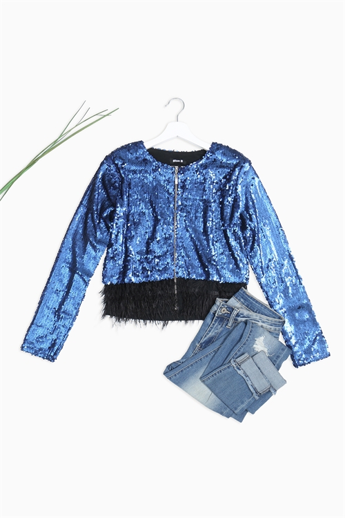 S16-8-2-J1611 ROYAL BLUE WITH SEQUINS FRONT ZIPPER CLOSURE FRINGE HEM JACKET 3-1-2