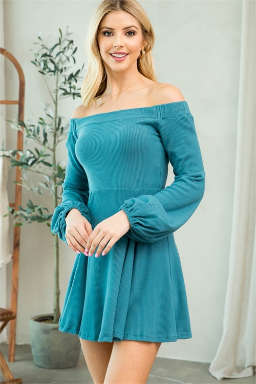 S9-3-1-D4646 DUSTY BLUE OFF SHOULDER CUFFED LONG SLEEVE RIBBED DRESS 2-2-2