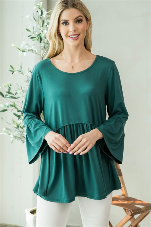 S9-4-2-T9139 HUNTER GREEN SCOOPED NECKLINE BELL LONG SLEEVE RUFFLE TOP 2-2-2