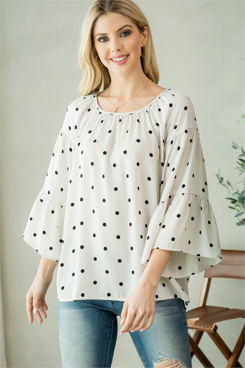 S10-9-3-T8891 IVORY BLACK POLKA DOT PRINT BELL LONG SLEEVE TOP 2-2-2 (NOW $3.00 ONLY!)