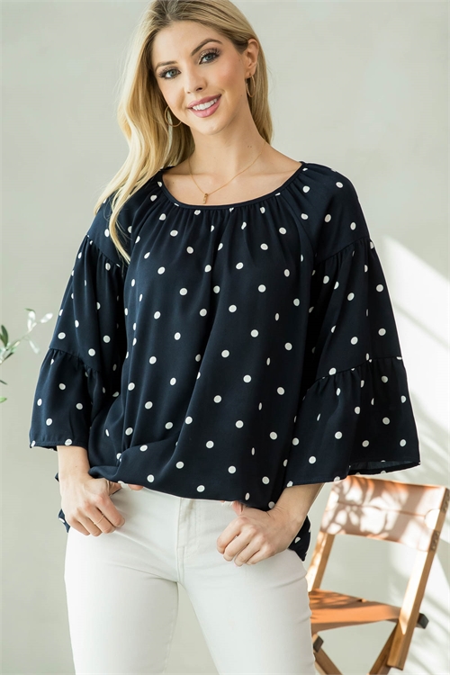 S10-9-3-T8891 NAVY WHITE POLKA DOT PRINT BELL LONG SLEEVE TOP 2-2-2