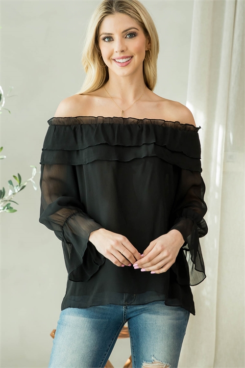 S9-6-3-T2593 BLACK RUFFLE OFF SHOULDER BELL LONG SLEEVE SHEER LACE TOP 2-2-2