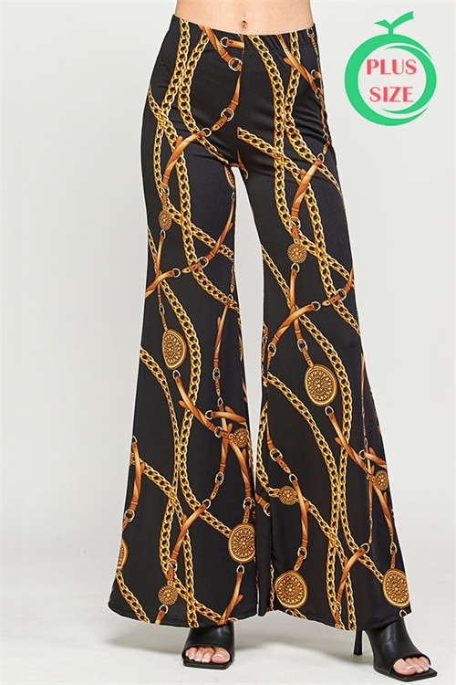 C52-A-3-MP5033-1X BLACK GOLD CHAIN PRINT STRETCH WAIST BELL BOTTOM LEG PLUS SIZE PANTS 2-2-2