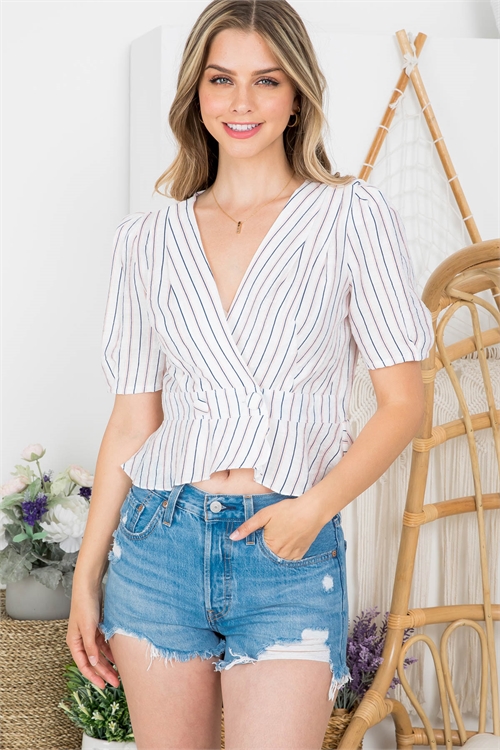 S6-2-2-T20214 WHITE BLUSH STRIPE V-NECKLINE SURPLICE TOP 2-2-2 (NOW $1.75 ONLY!)