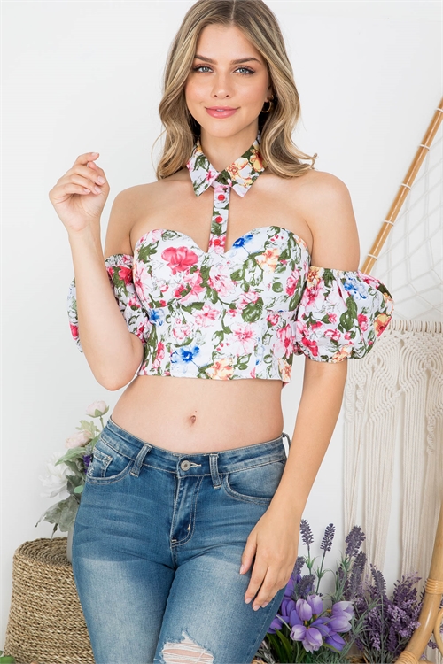 SA3-000-3-T2914 WHITE FLORAL PRINT COLLARED NECKLINE WITH FRONT BUTTON BUSTIER WITH SLEEVE CROP TOP 2-2-2