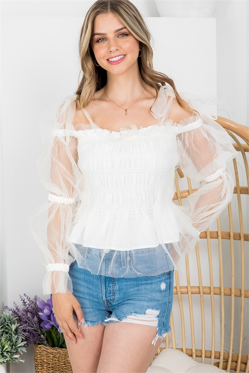 S9-2-3-T20077 OFF WHITE OFF SHOULDER LACE FABRIC THROUGHOUT RUCHED LONG SLEEVE TOP 2-2-2