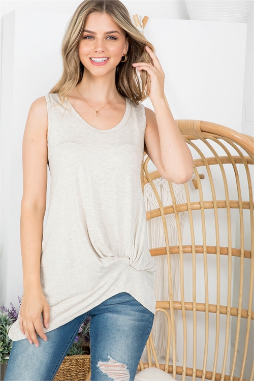 C42-A-1-T7643 OATMEAL ROUND NECKLINE TWIST KNOT DETAIL SLEEVELESS TOP 1-3-3  (NOW $2.00 ONLY!)