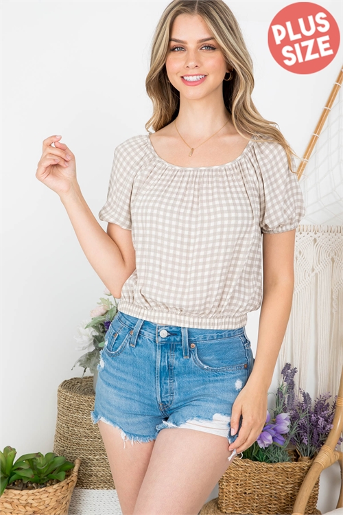 S9-12-4-T1850X WHITE COCOA GINGHAM SCOOPED NECKLINE CUFFED SLEEVE & HEMPLUS SIZE TOP 1-1-1