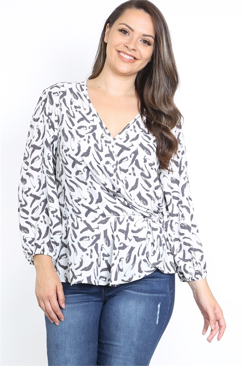 S12-7-3-T8593-3X IVORY CHARCOAL PRINT THROUGHOUT V-NECKLINE SURPLICE CUFFED STRETCH SLEEVE PLUS SIZE TOP 3-2-1