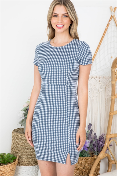 C44-A-2-D1798 WHITE BLUE GINGHAM PRINT ROUND NECKLINE ZIP BACK CLOSURE MINI DRESS 2-2-2