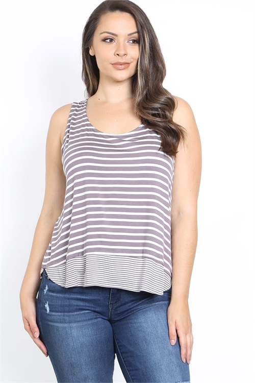 C12-B-1-T99963X DARK PURPLE WHITE STRIPES PRINT SCOOPED NECKLINE SLEEVELES PLUS SIZE TOP 3-2-1