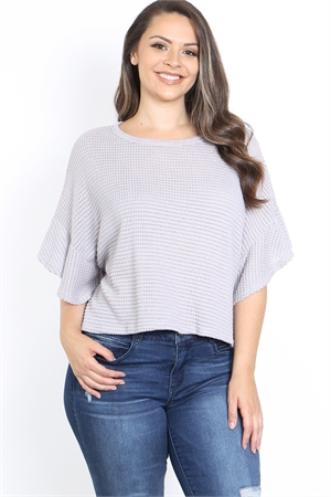 C92-A-3-T1991X DUSTY LAVENDER BOAT NECKLINE RUFFLE SLEEVE WAFFLE FABRIC KNITTED BATWING PLUS SIZE TOP 3-2-1