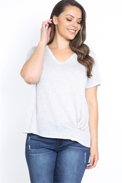 C18-A-1-T9850X HEAHTER GRAY IVORY STRIPES V-NECKLINE WITH FRONT LEFT SIDE TWIST SHORT SLEEVE PLUS SIZE TOP 3-2-1