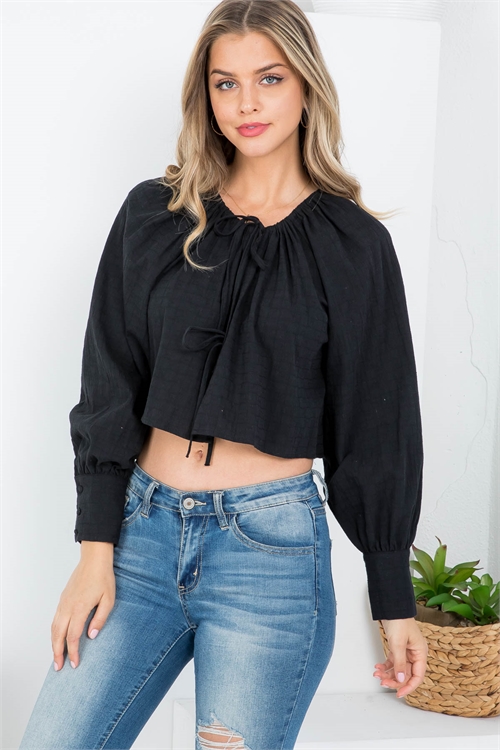 SA3-00-1-T7456 BLACK DRAW-STRING NECKLINE CUFFED LONG SLEEVE CROP TOP 3-2-1 (NOW $2.00 ONLY!)