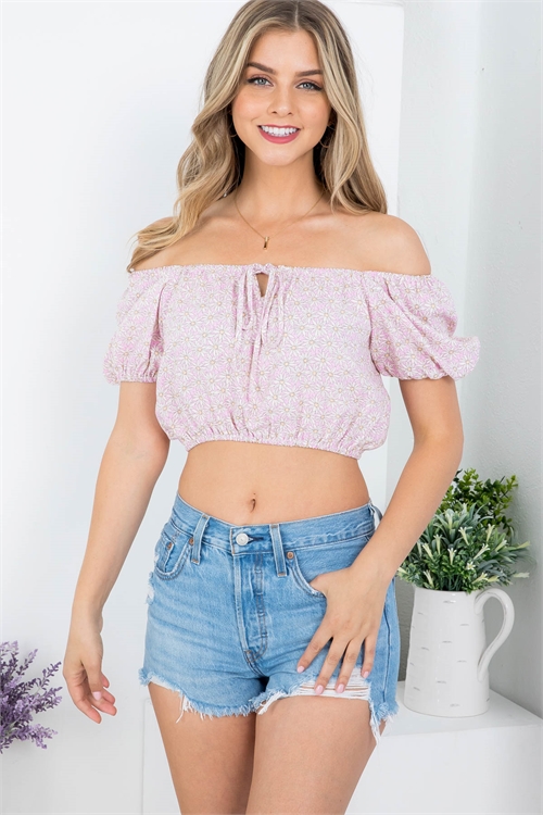 SA3-7-3-T5029 PINK CREAM FLORAL PRINT OFF SHOULDER FRONT TIE STRETCHABLE CROP TOP 3-2-1