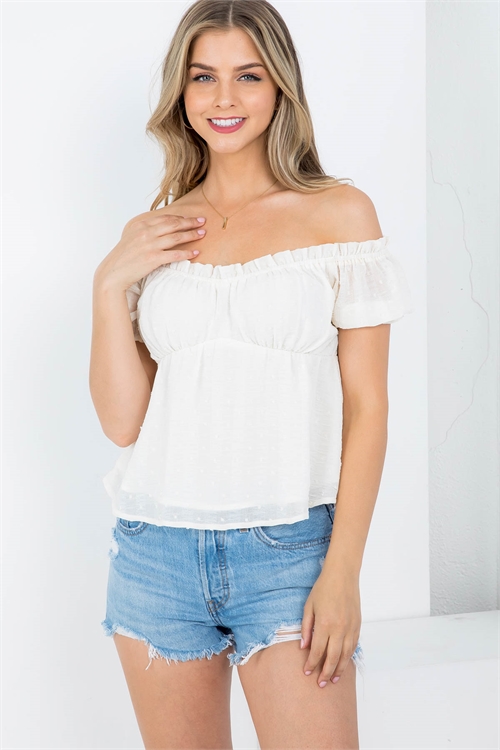 S9-8-2-T7701 CREAM OFF SHOULDER RUFFLE SHORT SLEEVE TOP 3-2-1