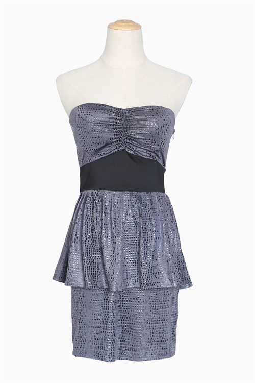 S9-14-1-D448 DARK GRAY SNAKE PRINT RUCHED FRONT WITH SIDE ZIP CLOSURE TUBE DRESS 2-2-2