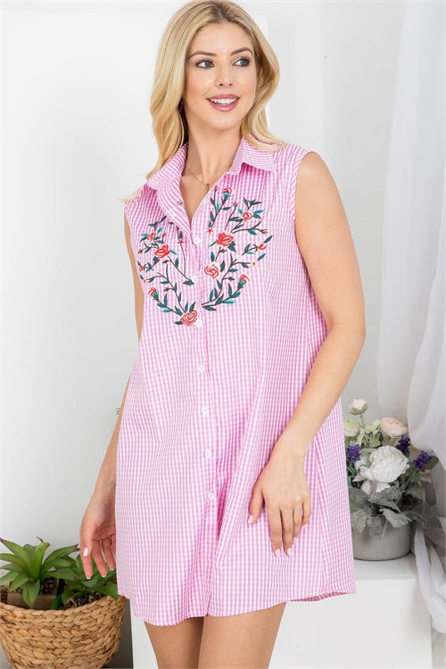 S9-9-4-D268 PINK WHITE CHECKERED PRINT WITH FLORAL EMBROIDERED DETAIL BUTTON DOWN DRESS 1-1-1