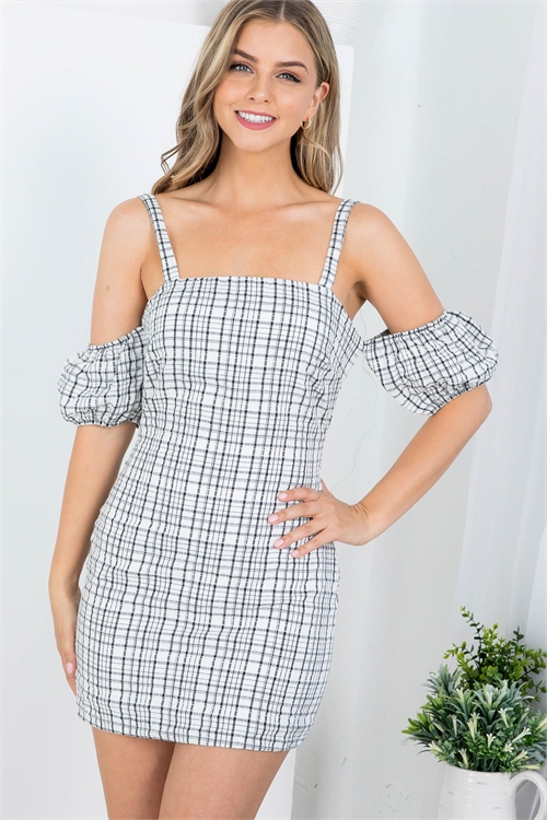 C26-A-1-D0623 BLACK WHITE CHECKERED OFF SHOULDER WITH WRAP TIE DRESS 3-2-1