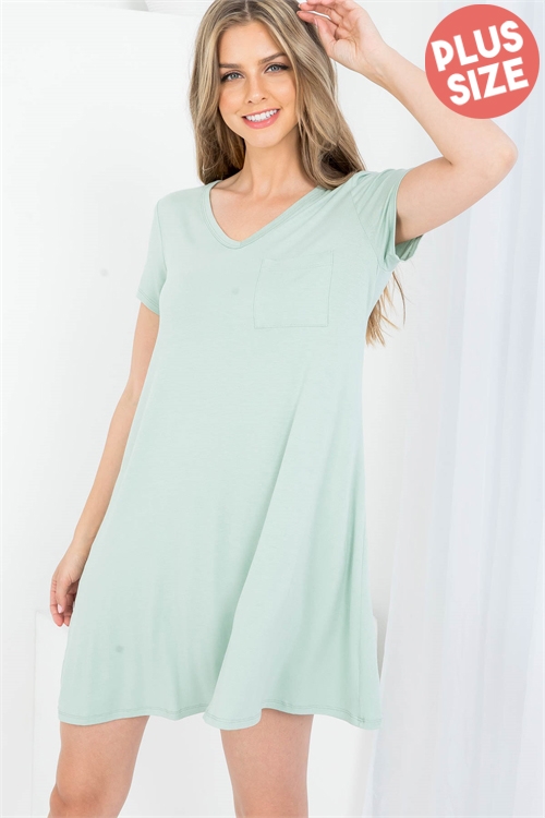 C56-A-1-AD4525-SX SAGE V-NECKLINE WITH FRONT POCKET RUFFLE PLUS SIZE DRESS 2-2-2