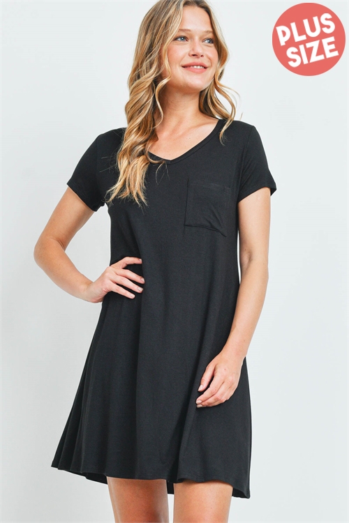 C56-A-1-AD4525-SX BLACK V-NECKLINE WITH FRONT POCKET RUFFLE PLUS SIZE DRESS 2-2-2