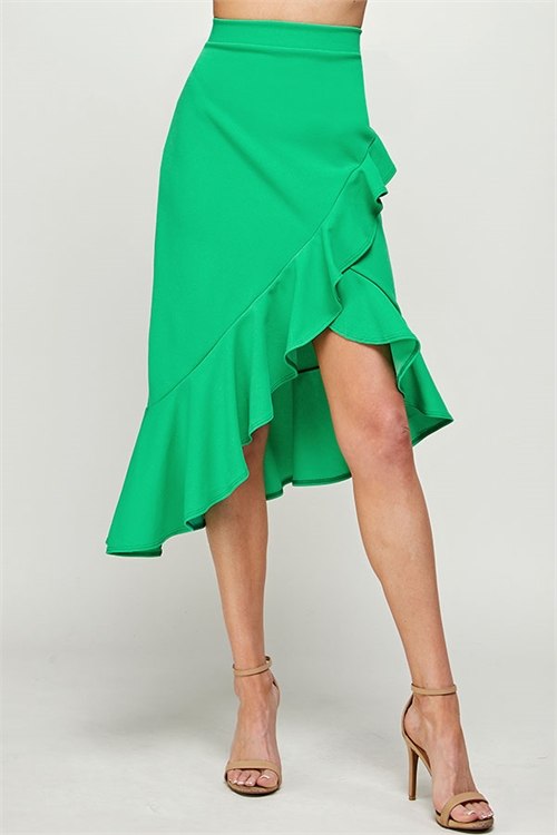 C36-B-3-MS5036 GREEN RUFFLE SURPLICE MIDI SKIRT 2-2-2