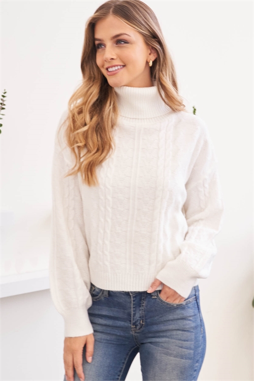 S9-13-2-YG-24-4 IVORY LONG RAGLAN CUFFED SLEEVE TURTLE NECK RIBBED KNIT SWEATER / 3PCS