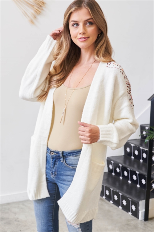 S15-10-2-D-25 IVORY LONG RAGLAN SLEEVE WITH DETAILED SEQUINS SHOULDER AND FRONT POCKET RIBBED CARDIGAN 5-1