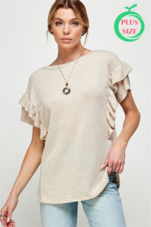 C4-B-2-MT2543X TAUPE ROUND NECKLINE SIDE STRIPE PRINT RUFFLE SHORT SLEEVE PLUS SIZE TOP 2-2-2 (NOW $10.75 ONLY!)
