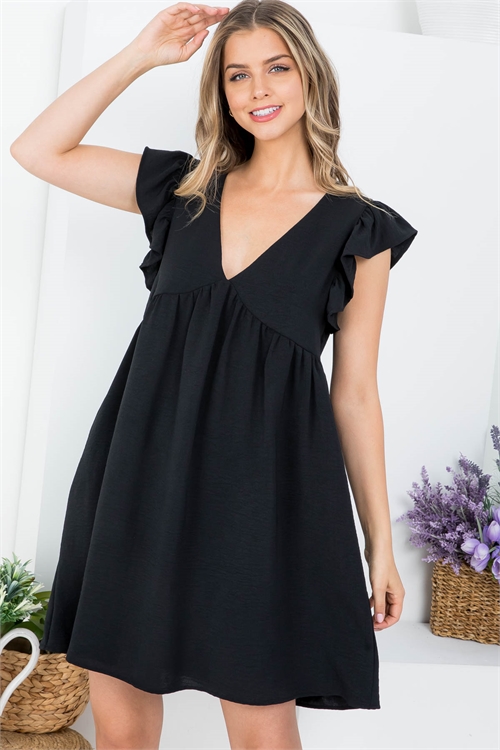 C90-A-3-AD5120 BLACK DEEP V-NECKLINE SHORT RUFFLE SLEEVE HIGH WAIST DRESS 2-2-2