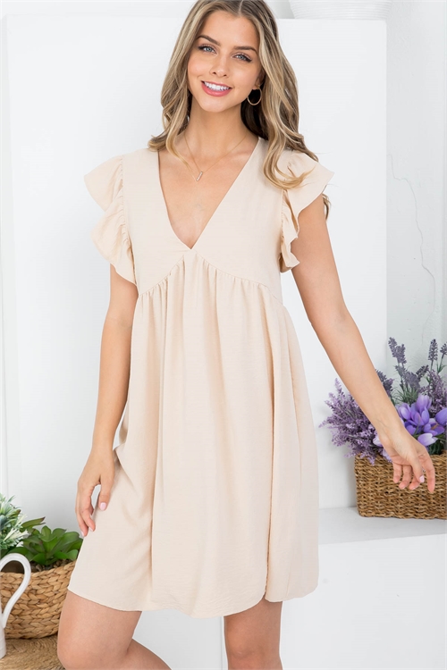 C90-A-3-AD5120 BEIGE DEEP V-NECKLINE SHORT RUFFLE SLEEVE HIGH WAIST DRESS 2-2-2