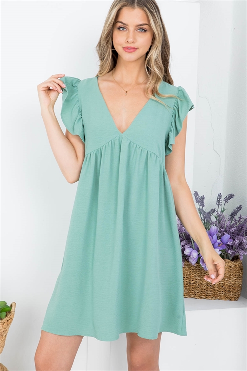 C90-A-3-AD5120 SAGE DEEP V-NECKLINE SHORT RUFFLE SLEEVE HIGH WAIST DRESS 2-2-2