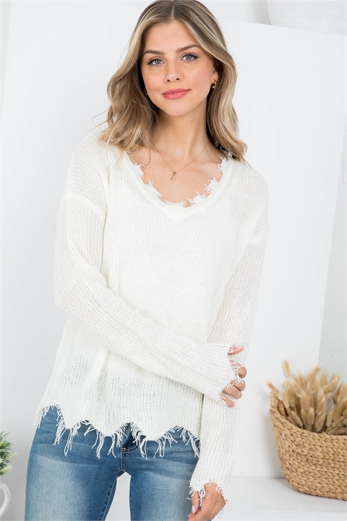 S13-1-1-T1016 IVORY DISTRESSED V-NECKLINE CUT-OUT HEMLINE & SLEEVE KNITTED SWEATER 2-2-2