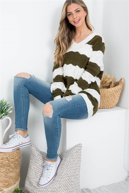 S10-13-2-S3199 OLIVE WHITE STRIPES V-NECKLINE KNITTED SWEATER 3-2-1  (NOW $4.50 ONLY!)