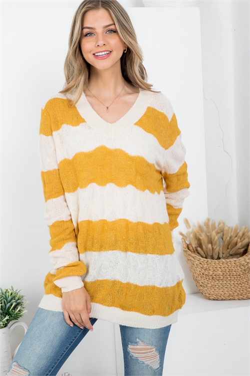 S9-13-3-S3199 MUSTARD IVORY STRIPES V-NECKLINE KNITTED SWEATER 0-4-0  (NOW $4.50 ONLY!)