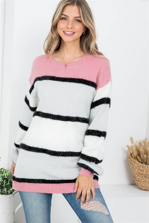 S10-12-3-S3743 MAUVE GRAY STRIPES ROUND NECKLINE KNITTED CUFFED SLEEVES & HEM SWEATER 2-2-2-2 (NOW $4.50 ONLY!)