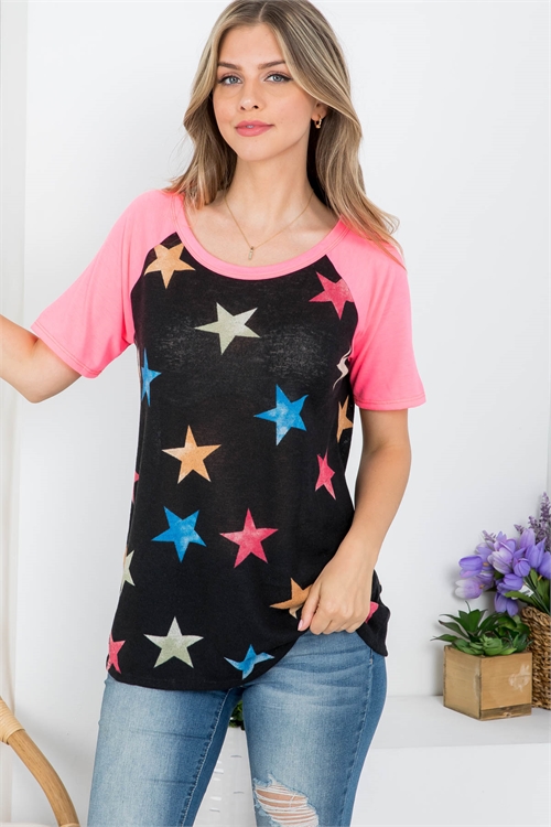 S11-1-2-T1096-14 BLACK NEON PINK STAR PRINT SCOOPED NECKLINE TOP 2-2-2-2 (NOW $2.75 ONLY!)